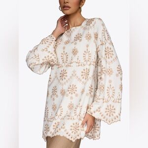 Veiled 100% Cotton White Beige Embroidered Wide Sleeve Eyelet Tunic Top
